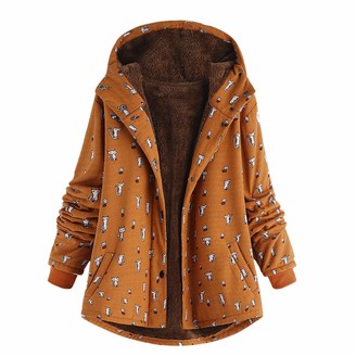 KaloryWee Sale Clearance Womens Winter Warm Outwear Cat Print Hooded Pockets Vintage Oversize Hasp Coats Orange