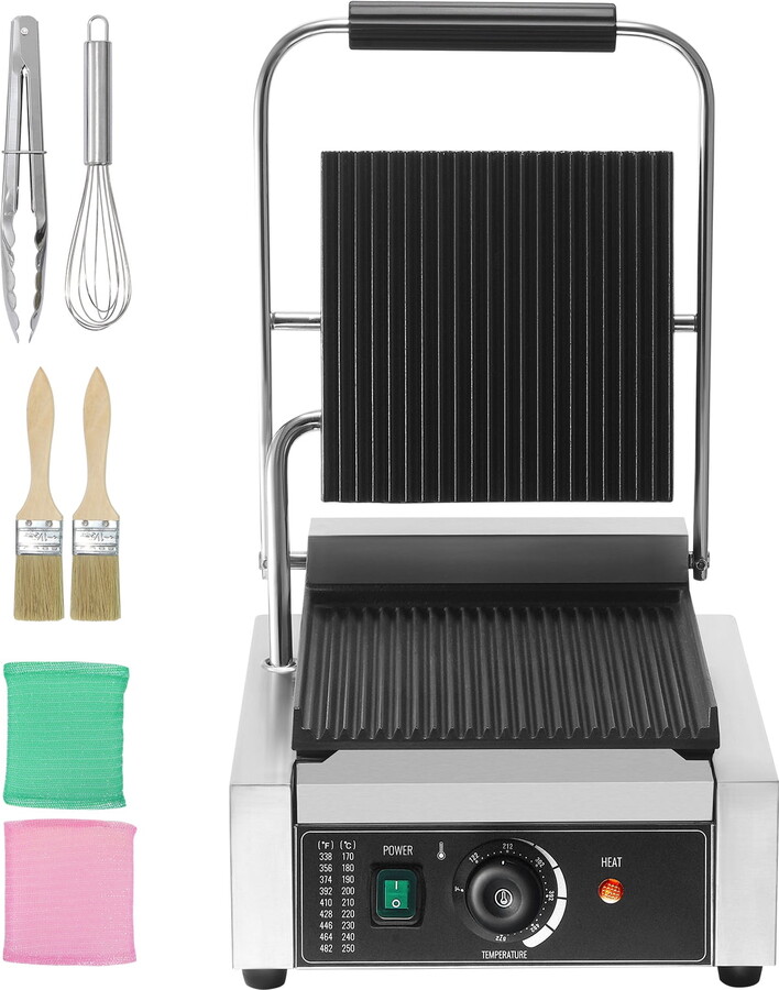 KFFKFF Professional Panini Press, 1800W Electric Grill for Sandwiches, Stainless Steel Contact Grill with Temperature Adjustment & 9"x9" Enamel-Coated Plate for Various Meats