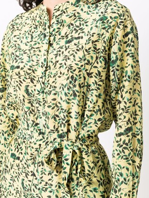 Saloni Leaf-Print Belted Silk Midi Dress