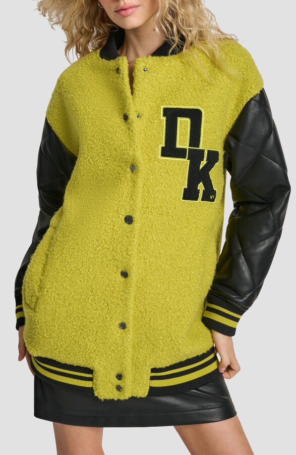 DKNY Logo Bouclé & Faux Leather Varsity Jacket
