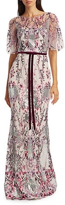 Marchesa Notte Embellished Floral-Embroidered Gown