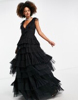 Thumbnail for your product : Lace & Beads tiered tulle maxi dress in black