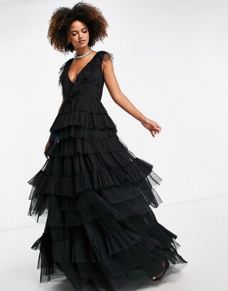 Lace & Beads tiered tulle maxi dress in black
