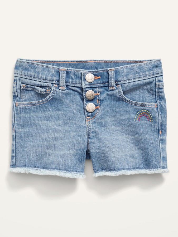 Rainbow-Stitch Snap-Fly Cut-Off Jean Shorts for Toddler Girls