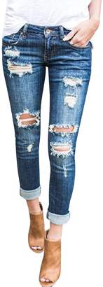 Burvogue Women's Blue Denim Stretch Jeans Skinny Distressed Pants