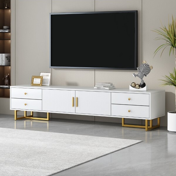 KTMBDWModernTVStandfor55-75inchTVEntertainmentCenterwithStorageCabinetsTVConsolewith4Drawersand2DoorsforLivingRoomWhite