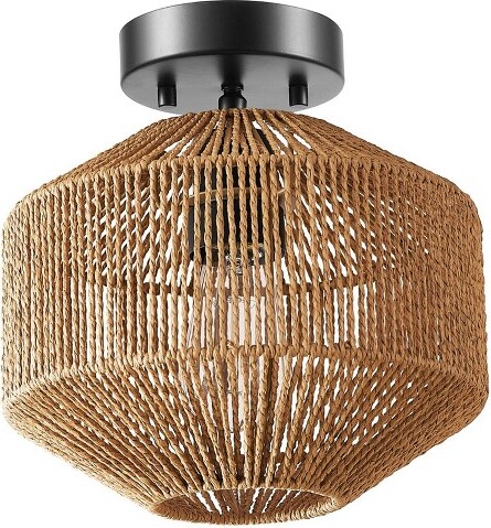 Globe Electric Lotus1-LightMatteBlackFlushMountCeilingLightwithPaperTwineShade-GlobeElectric:ETLListedMetalBodyDimmable