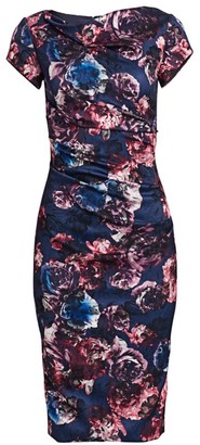 Theia Short-Sleeve Ruched Floral Sheath