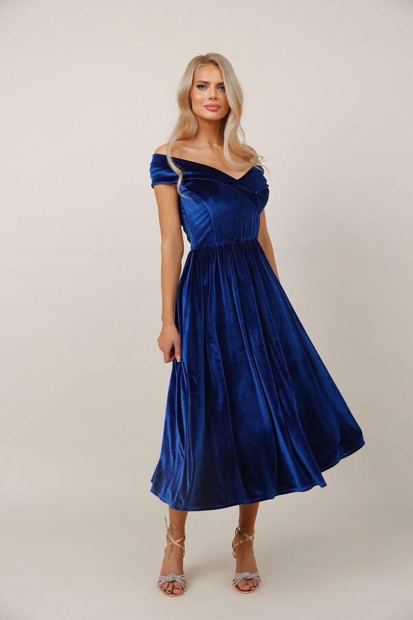 Royal Blue Velvet Midi Dress, Off-Shoulder Bridesmaid Gown