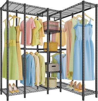 Free-Standing Closet Clothing Rack, Metal Closet Organizer System with Shelves - Brown&Black