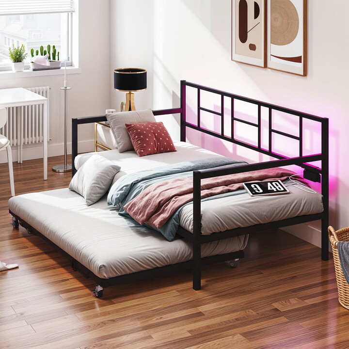 Uforic Twin Daybed, Integrated Charger, RGB LED Lights, Trundle, Adjustable Black Metal Frame