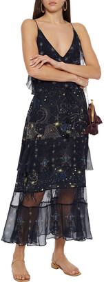 Camilla Tiered Georgette-paneled Embellished Printed Silk Crepe De Chine Midi Slip Dress