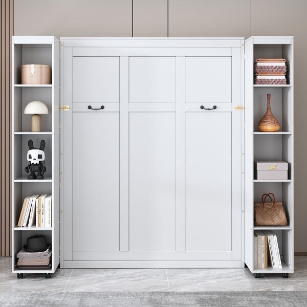 WhisenQueenMurphyBedAmpleStoragewithPush-PullCabinets&SleekDesign-White