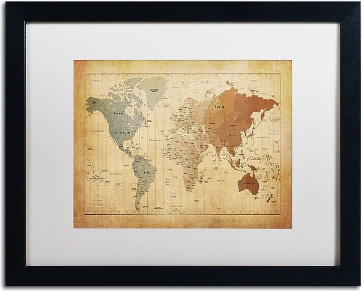 Trademark Global Trademark Michael Tompsett "Time Zones Map of the World" Art, White Matte W/Black Frame, 16" x 20"
