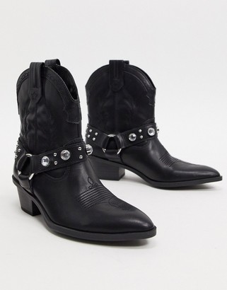 Bershka harness detail western boots in black - ShopStyle