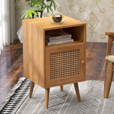 Kunkle Bayou Breeze Nightstand With Natural Rattan Door Rattan Drawer, Wooden Bedside Table End Table For Living Room And Bedroom