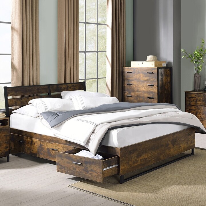 LivEditor King Size Bed with Storage in Rustic Oak & Black Finish