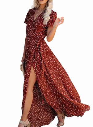 CORAFRITZ Women Boho Summer Wrap V Neck Split Vintage Ruffles Flowy Short Sleeve Belt Beach Long Maxi Dress Red