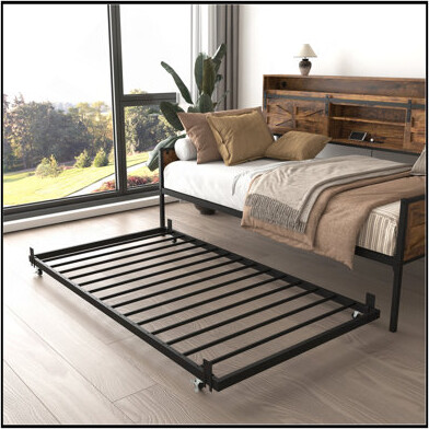 Twin Daybed With Trundle And Sliding Barn Door Headboard, Charging Station & LED Light, Rustic Brown