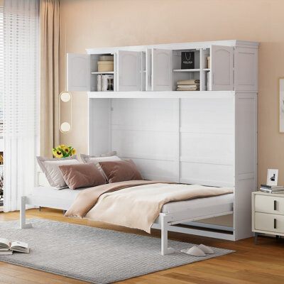 Hokku Designs Queen Size Murphy Bed with Top Cabinets, White for Space Saving in Any Room