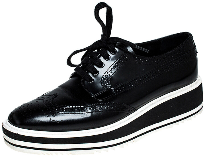 Prada Black Brogue Leather Wingtip Platform Sneakers Size 37.5 - ShopStyle