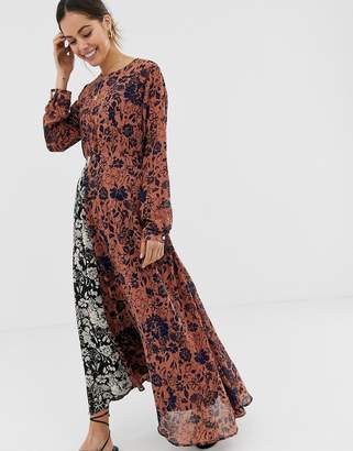 GHOSPELL long sleeve midi dress in contrast mix match print