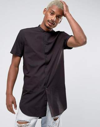 ASOS Regular Fit Super Longline Shirt with Grandad Collar in Faded Black