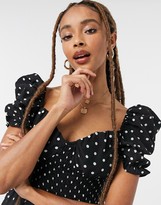 Thumbnail for your product : In The Style x Shaughna puff sleeve sweetheart neck midi dress in polka print