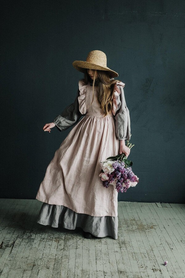 Baby Pink Vintage Linen Apron Victorian Cottagecore Style