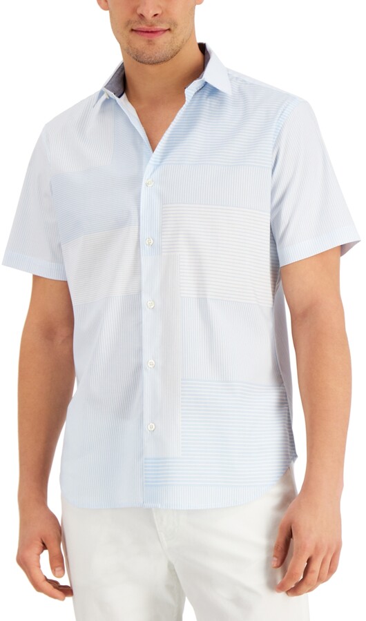 DKNY Mens Striped Short Sleeve Button Down Shirt 