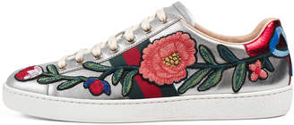 Gucci New Ace Floral Leather Sneaker, Silver