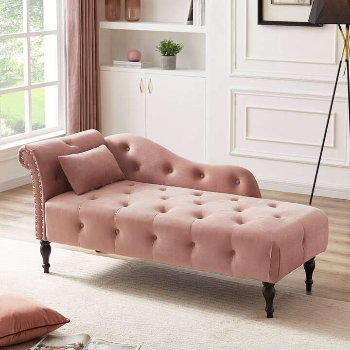 Miniyam Velvet Chaise Lounge, Tufted Accent Chaise Chair with Pillow for Living Room Bedroom, Pink