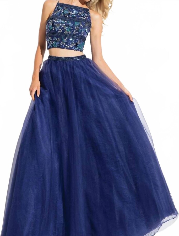 RACHEL ALLAN Embellished Two-Piece Tulle Prom Dress In Navy