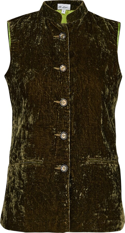 AtLAST Short Silk Velvet Waistcoat In Olive Green