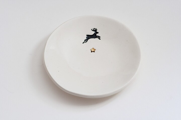 Ceramic Reindeer Ring Dish With Genuine 22K Gold Star, Winter Wedding, Christmas Dish, Made A Rustic Natural Clay | Small 3" Dish