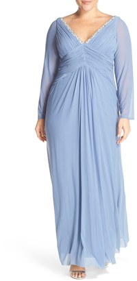 Marina Embellished V-Neck Long Sleeve Gown (Plus Size)
