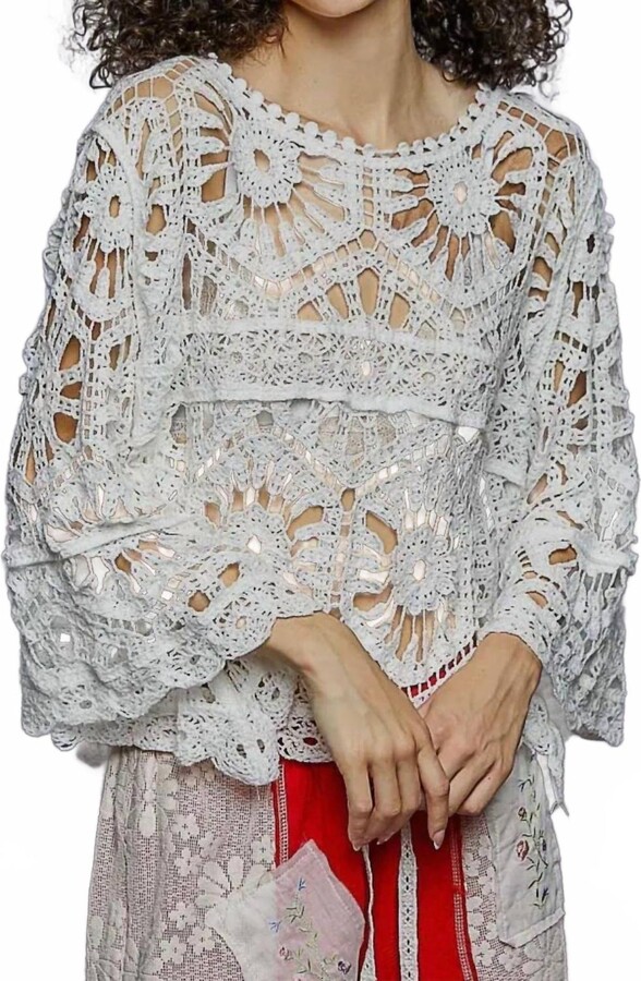 POL Round Neck Crochet Knit Crop Top In White