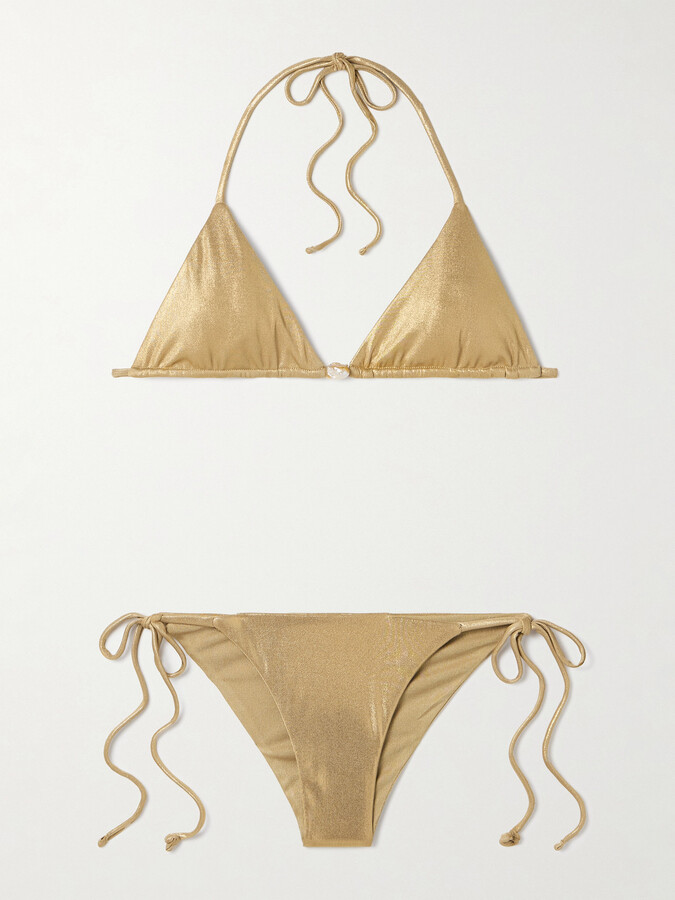 Sara Cristina Pearl-embellished Metallic Triangle Bikini - Gold