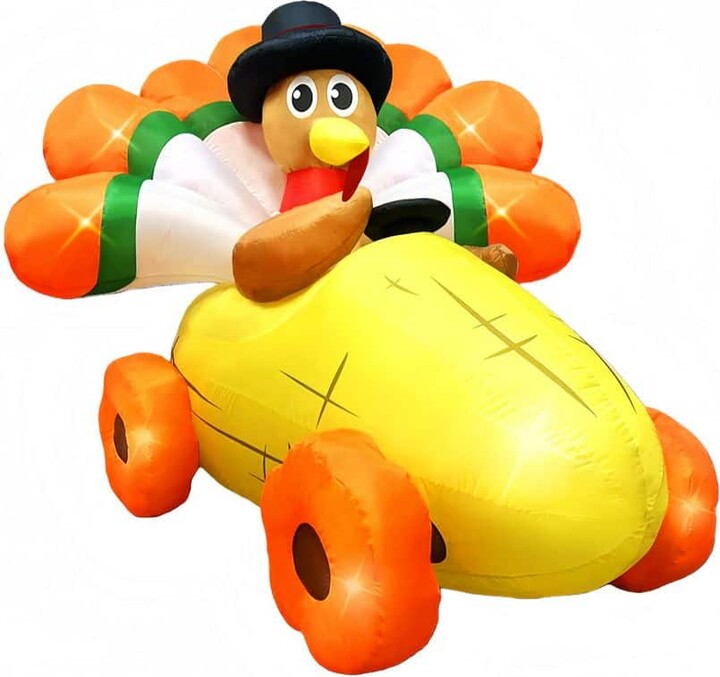 Augbeer 6 ft. Inflatable Turkey with Pilgrim Hat Driving Corn Car and Built-in LEDs for Fall Holiday Outdoor Use (1-Pack)