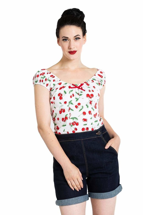 Hell Bunny Sweetie White and Red Cherry Gypsy Retro Rockabilly Off Shoulder Top 