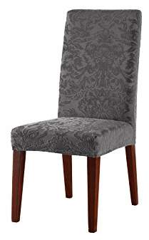 Sure Fit Stretch Jacquard Damask - Shorty Dining Room Chair Slipcover - Gray (SF41452)