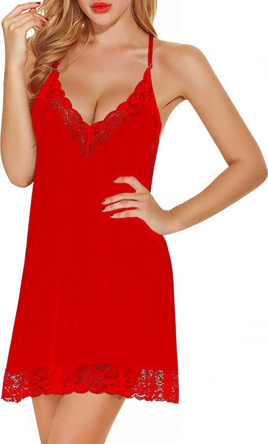 Plus size Red Lace Babydoll Chemise for Women Nightgown Sleepwear