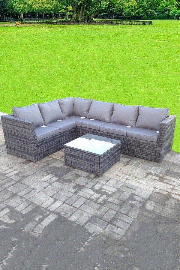 Fimous Rattan Corner Sofa Set Square Coffee Table 6 Seater With Seat