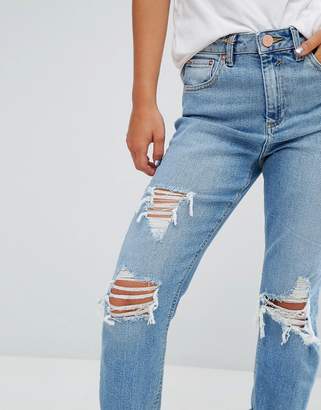 ASOS Petite PETITE FARLEIGH High Waist Slim Mom Jeans in Miracle Light Wash with Rips