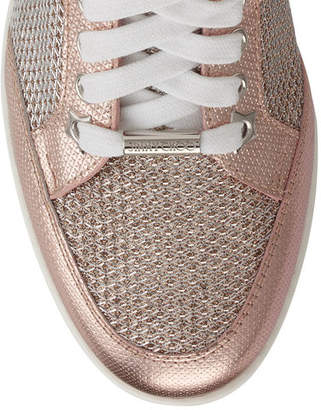 Jimmy Choo MIAMI Tea Rose Metallic Printed Leather and Glitter Low Top Trainers