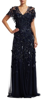 Theia Flutter Sleeve Floral Applique Gown