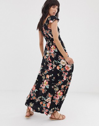 Band of Gypsies button front off shoulder maxi dress in black floral print