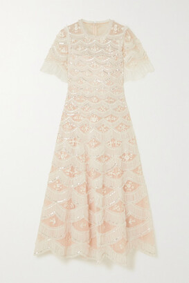 Needle & Thread Lunette Blossom Sequin-embellished Embroidered Tulle Gown - Peach