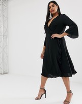 Thumbnail for your product : Outrageous Fortune Plus ruffle wrap dress with fluted sleeve in black