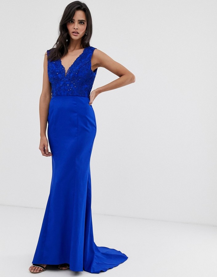 Chi Chi London plunge front lace maxi dress with fishtail in royal blue -  ShopStyle